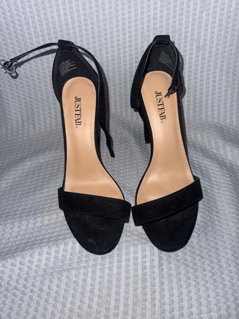 JustFab Makemba Black Faux Suede Ankle Strap Block Heel Sandals